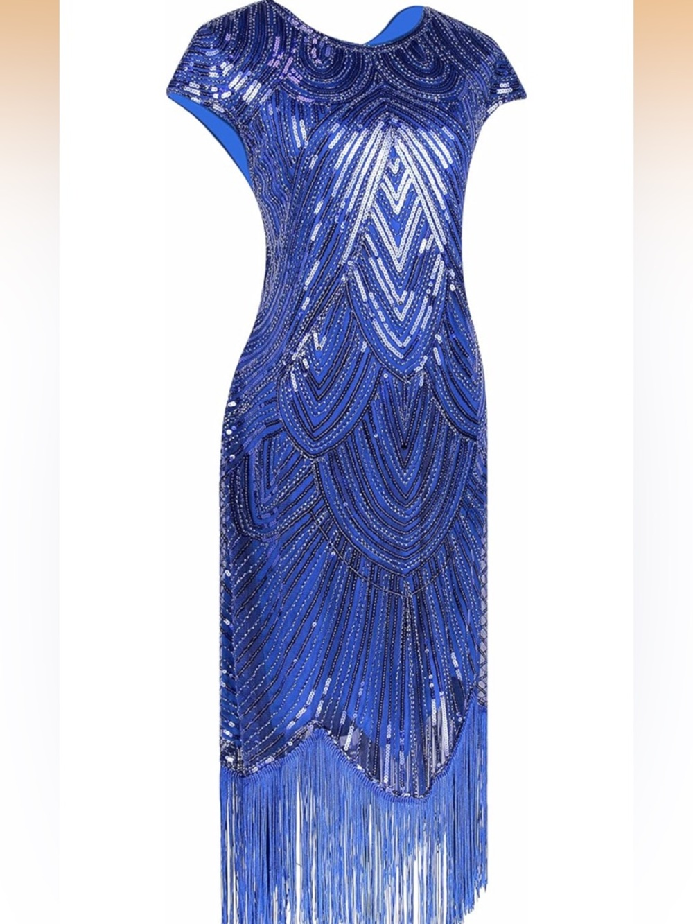 Gatsby Flapper Royal Blue Beaded Fringe Evening Dress XS